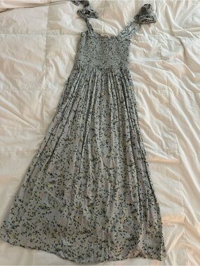 Smocked Floral Maxi Dress in Light Blue with Small Floral Print